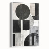 Framed canvas featuring a modern abstract minimalist wall art design with soft white tones and subtle geometric patterns, showcasing a side view perspective.