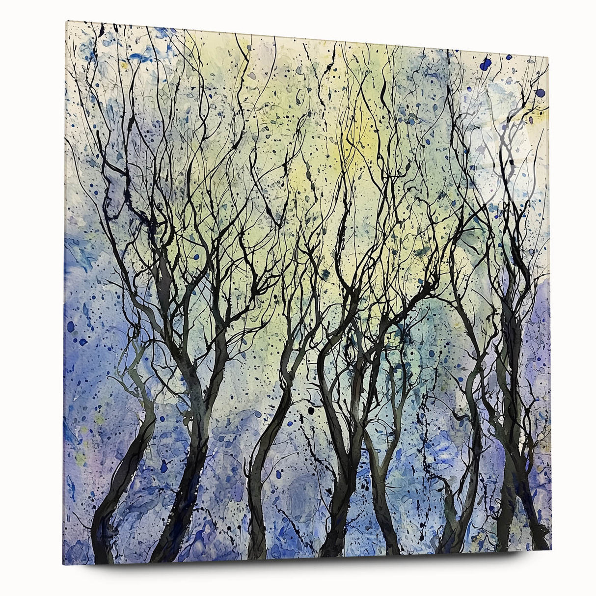 Abstract floral acrylic art piece displayed in a glass frame, showcasing vibrant colors and intricate designs from a side view, perfect for modern decor.