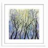 Abstract floral design framed in white with a mat, showcasing vibrant colors and intricate details, ideal for modern home decor or gallery displays.