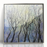 Framed acrylic artwork showcases an abstract floral design in vibrant colors, set against a sleek silver frame, ideal for modern home decor.