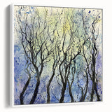 Framed abstract floral canvas art displayed in a white frame, showcasing vibrant colors and intricate designs, adding a modern touch to home decor.