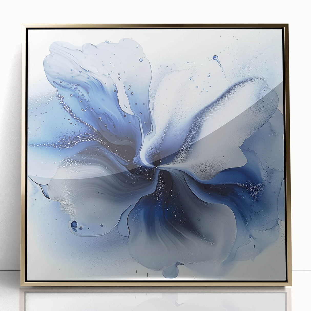 Framed acrylic artwork showcasing a vibrant abstract floral design with golden accents, perfect for modern home decor. Ideal for enhancing living spaces with color.