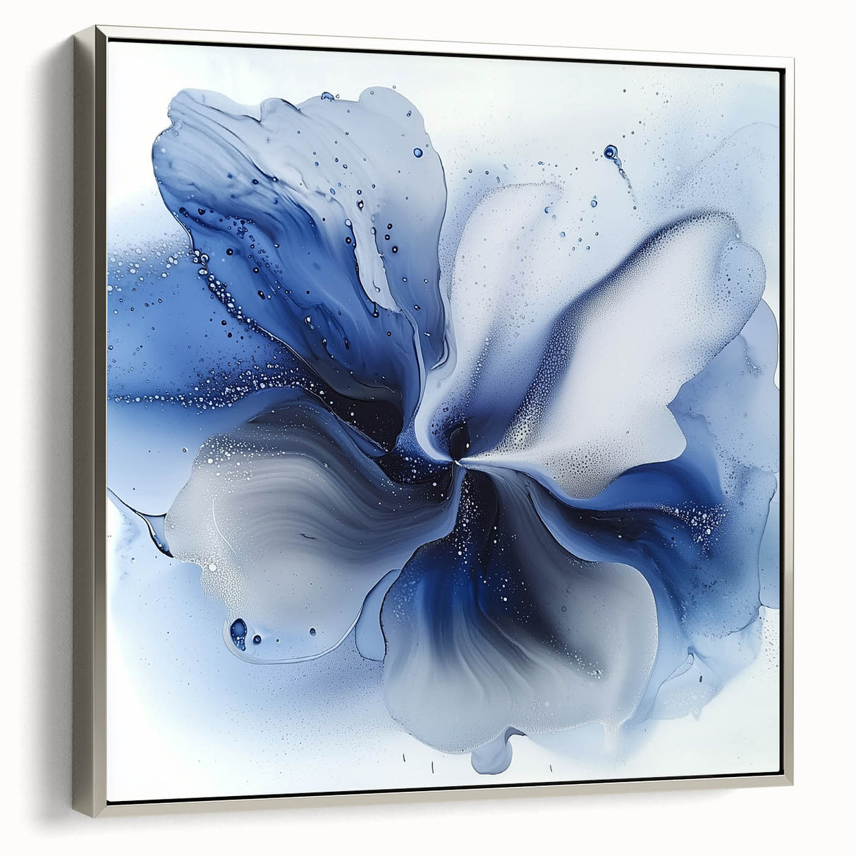 Framed abstract floral canvas artwork with a silver frame, showcasing vibrant colors and intricate designs, perfect for modern home decor.
