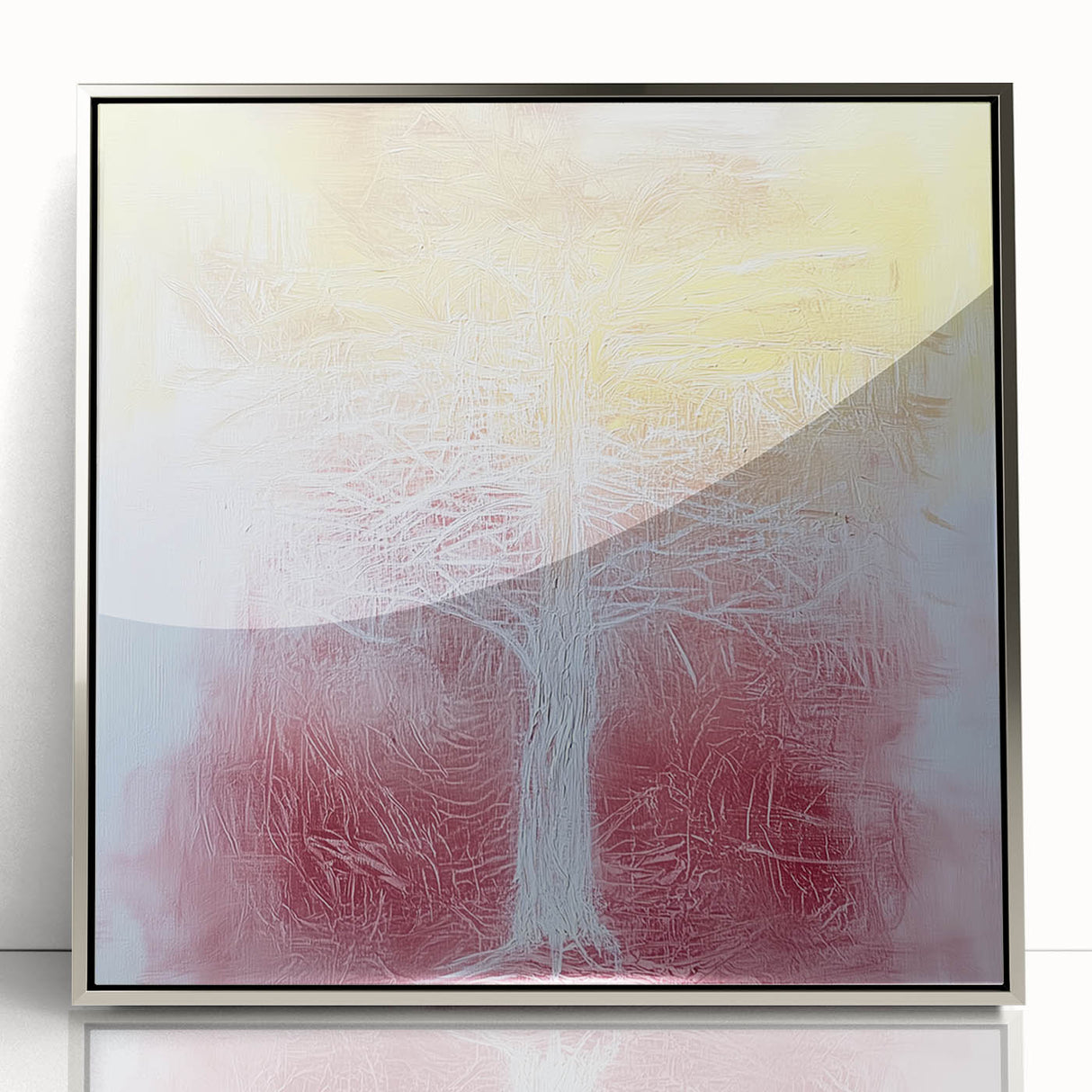 Abstract floral artwork in a sleek silver frame, showcasing vibrant colors and intricate designs, perfect for modern home decor or office spaces.