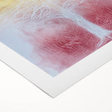 Vibrant abstract floral design on rolled canvas showcasing bold colors and intricate patterns, ideal for home decor. Packaged securely in a cardboard tube for safe delivery.