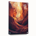 Acrylic glass artwork showcasing a vibrant landscape scene with intricate cave formations, displayed from a side view and secured with decorative pins, perfect for modern home decor.