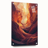 Acrylic glass artwork showcasing a vibrant landscape scene with intricate cave formations, displayed from a side view and secured with decorative pins, perfect for modern home decor.