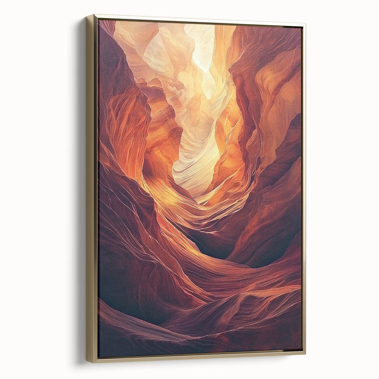 Framed canvas artwork depicting a stunning landscape with caves, featuring rich gold accents and a side view that enhances its depth, perfect for home decor.