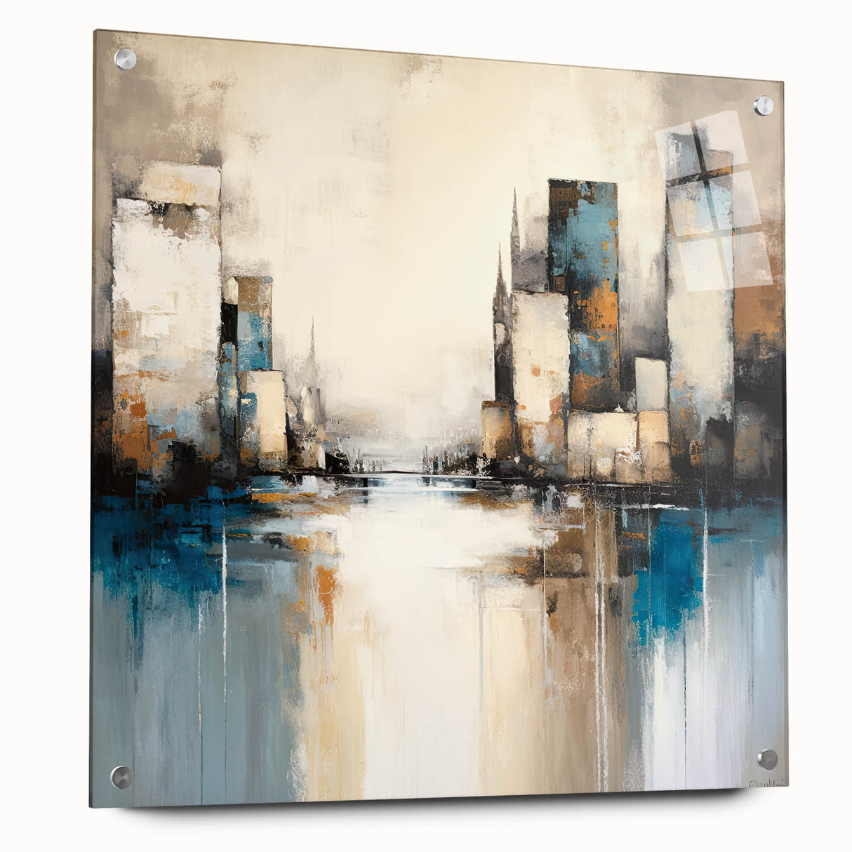 Abstract architectural wall art displayed in a side view, showcasing vivid colors and intricate patterns. The piece is mounted with pins on a sleek surface, emphasizing its modern design and artistic flair, perfect for contemporary home decor.