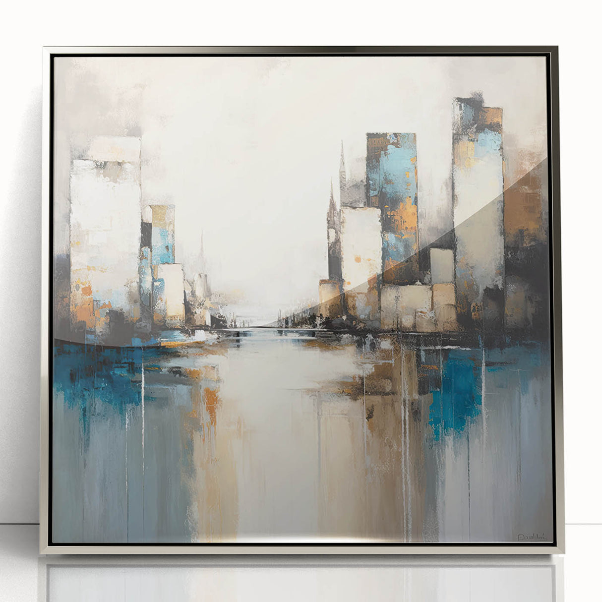 Framed abstract architecture wall art in silver, showcasing geometric patterns and modern design elements, ideal for contemporary home decor.