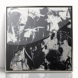 Framed acrylic artwork featuring abstract splatters in silver tones, showcasing a modern design that enhances contemporary home decor. Ideal for stylish interiors.