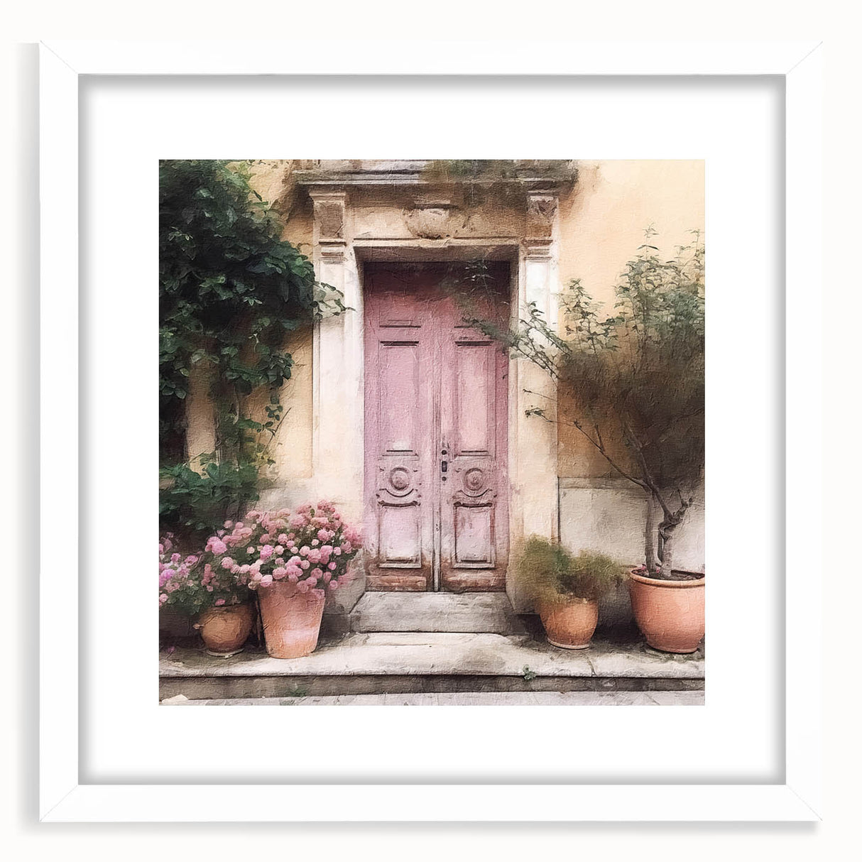 Abstract art print of a French door design in muted gray tones on a framed white mat, ideal for dining room decor.