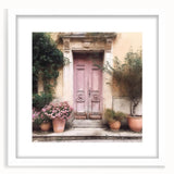 Abstract art print of a French door design in muted gray tones on a framed white mat, ideal for dining room decor.