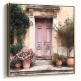 Framed canvas depicting a vintage door in silver and gold tones, ideal for bedroom wall decor.