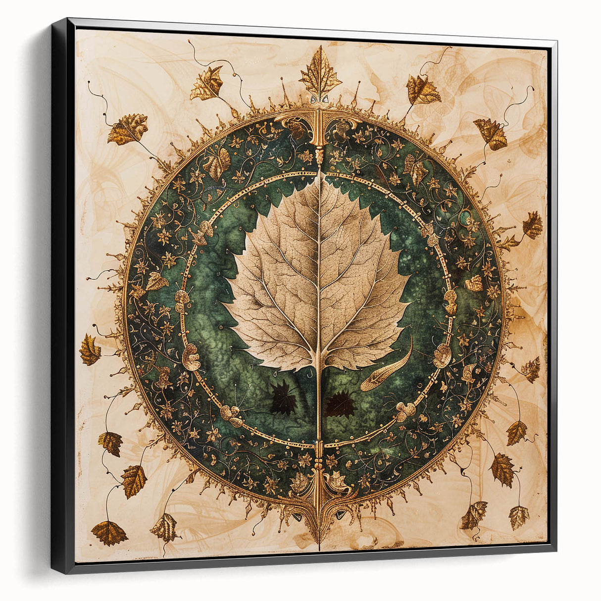 Framed canvas wall art showcasing a modern floral design with black leaves and vibrant flowers, displayed from a side view to highlight depth and texture.
