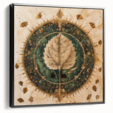Framed canvas wall art showcasing a modern floral design with black leaves and vibrant flowers, displayed from a side view to highlight depth and texture.