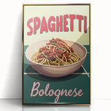 Large art print of various colorful food dishes in a mid-century modernist style, framed in gold acrylic.