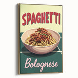Framed canvas featuring a vintage poster art of various food dishes in black and gold, ideal for bedroom wall art.