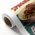 Art deco poster featuring an array of colorful food dishes on rolled canvas, suitable for dining room decor.