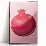 Mid-century modernist art featuring an array of fruits in vibrant colors on a silver-framed acrylic.