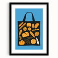 Colorful abstract art print of pastries in vibrant hues, framed in black, ideal for living room decor.