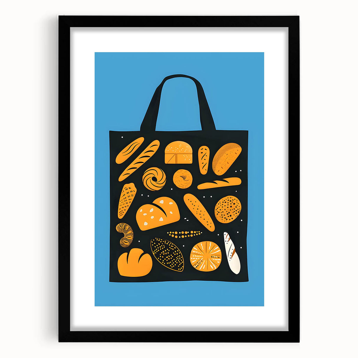 Colorful abstract art print of pastries in vibrant hues, framed in black, ideal for living room decor.
