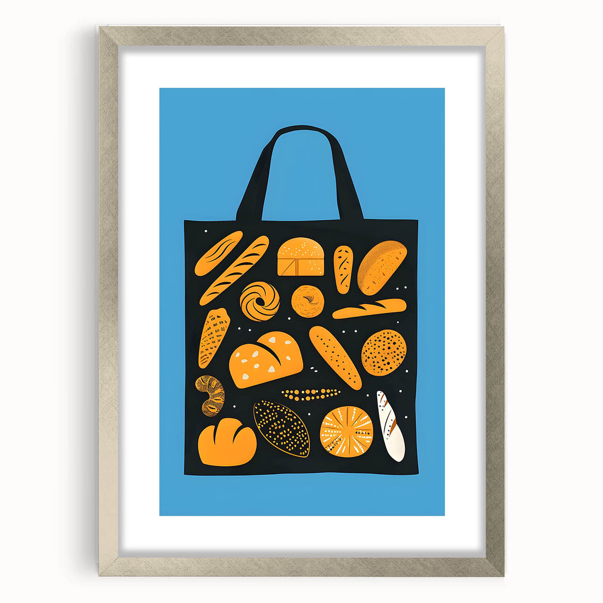 Textured art featuring abstract pastries in soft beige and cream, framed in silver, suitable for bedroom decor.