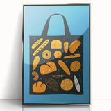 Mid-century modernist art featuring assorted pastries in muted colors, framed in silver acrylic, ideal for nursery wall art.