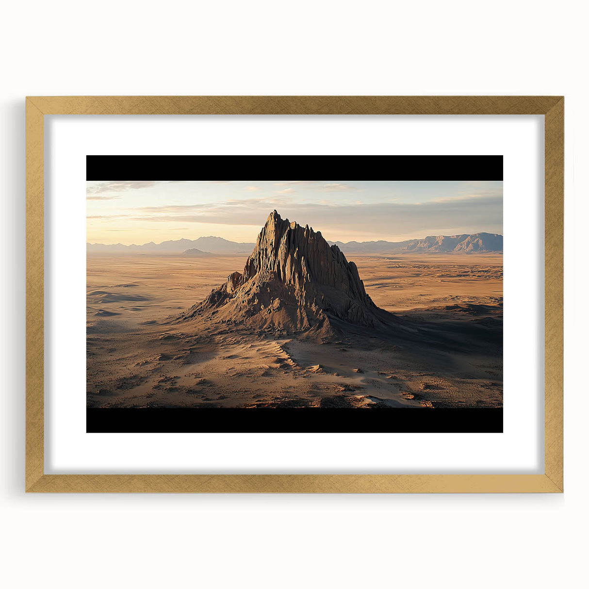 Desert landscape framed art featuring a gold mat, showcasing vibrant hues of orange and blue, ideal for modern home decor and wall accent pieces.