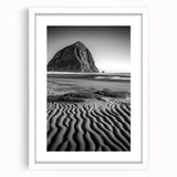 Framed landscape art print showcasing serene sand dunes under a clear blue sky, featuring a white mat and sleek frame, perfect for home or office decor.