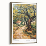 Impressionist landscape painting on framed canvas, featuring a golden wheat field under a blue sky.