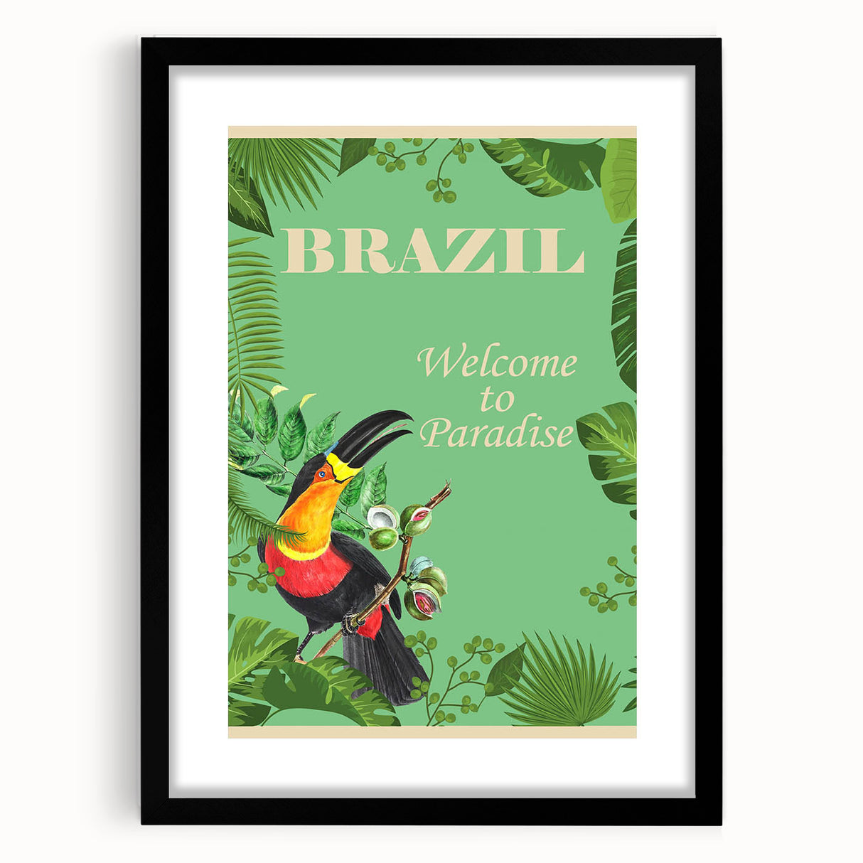 Brazil Retro Travel Poster | Tropical Paradise & Toucan Art