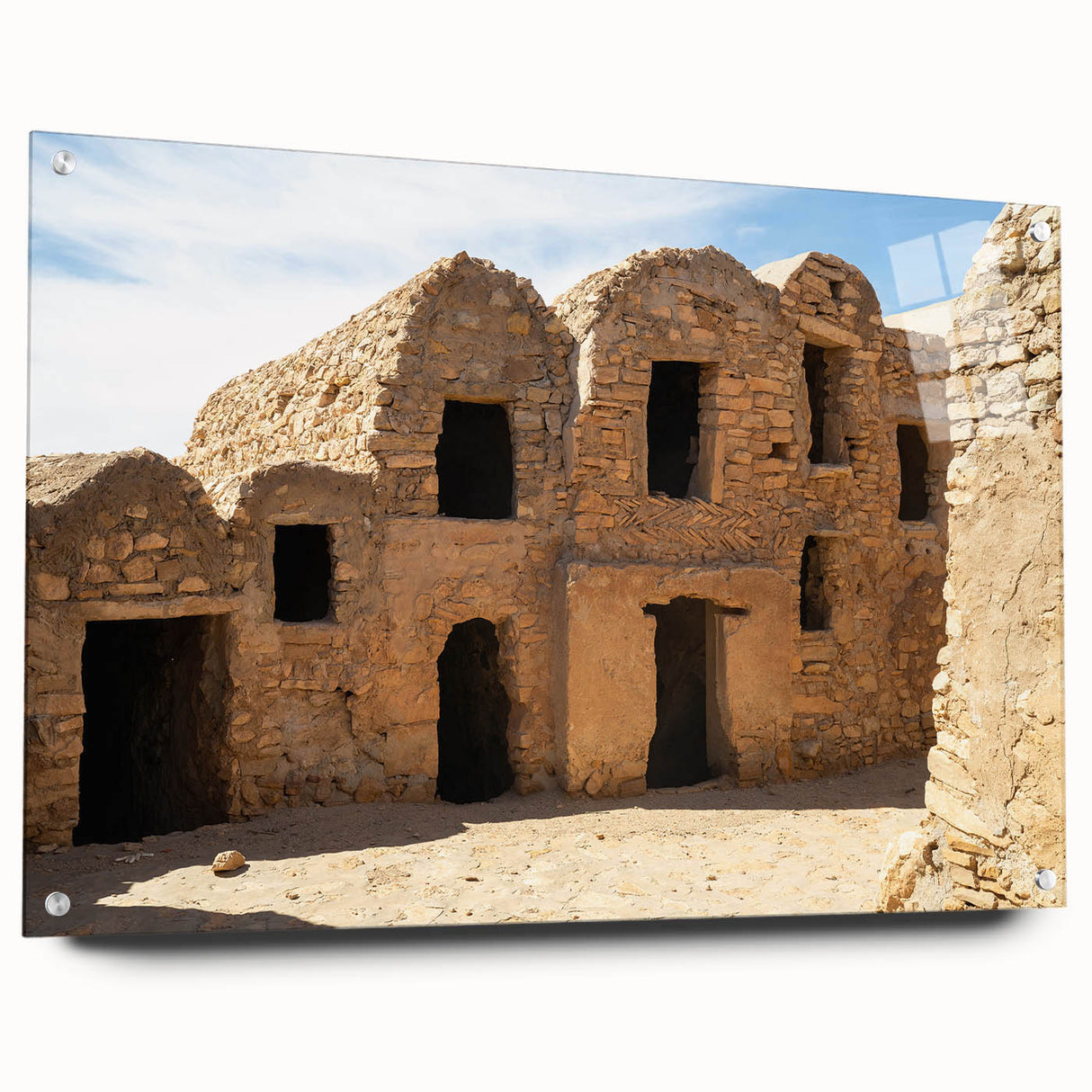 Acrylic print of a Moroccan landscape in earth tones, suitable for bedroom or dining room decor.