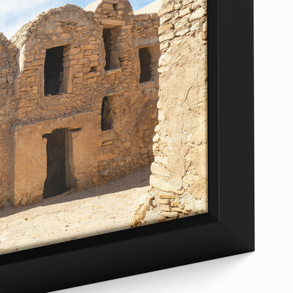 Extra large framed canvas featuring a textured scene of Morocco with vibrant colors on a black background.