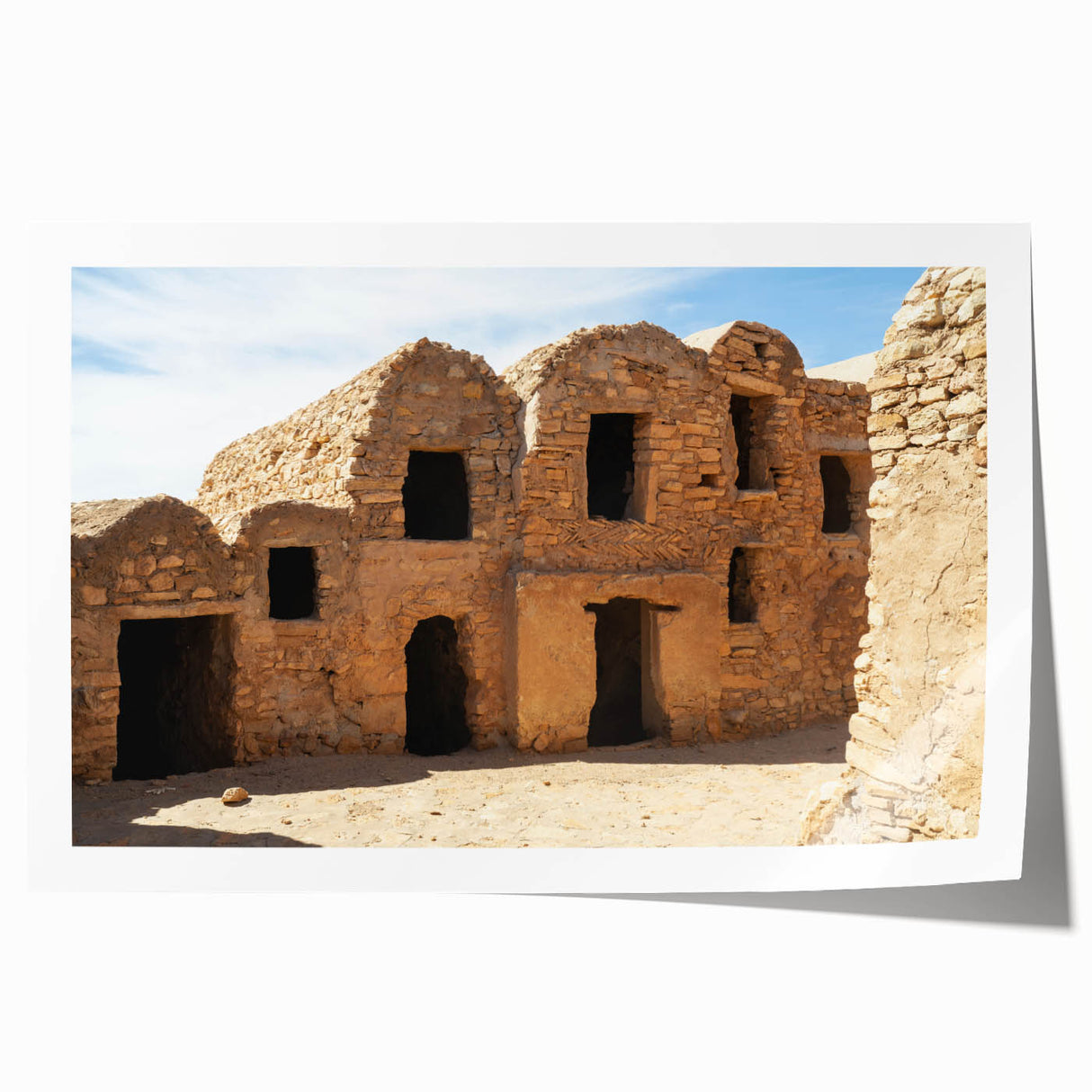 Extra large rolled print of a Moroccan landscape with vibrant floral elements, ideal for art wall dining room.