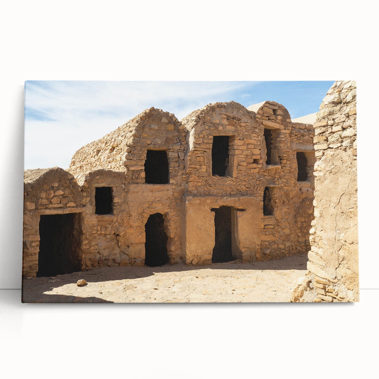 Black and white stretched canvas featuring a Moroccan landscape, ideal for kitchen wall art or bedroom decor.