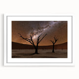 Extra large wall art featuring abstract textured scenery of Namibia in a white frame, suited for living room decor.
