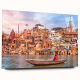 Large abstract wall art of an Indian scenery in vibrant colors on acrylic glass, ideal for bedroom or dining room decor.
