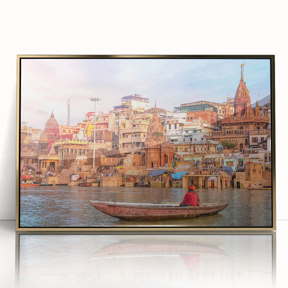 Large art print of a serene Indian landscape in muted earth tones on framed acrylic, ideal for modern art wall decor.