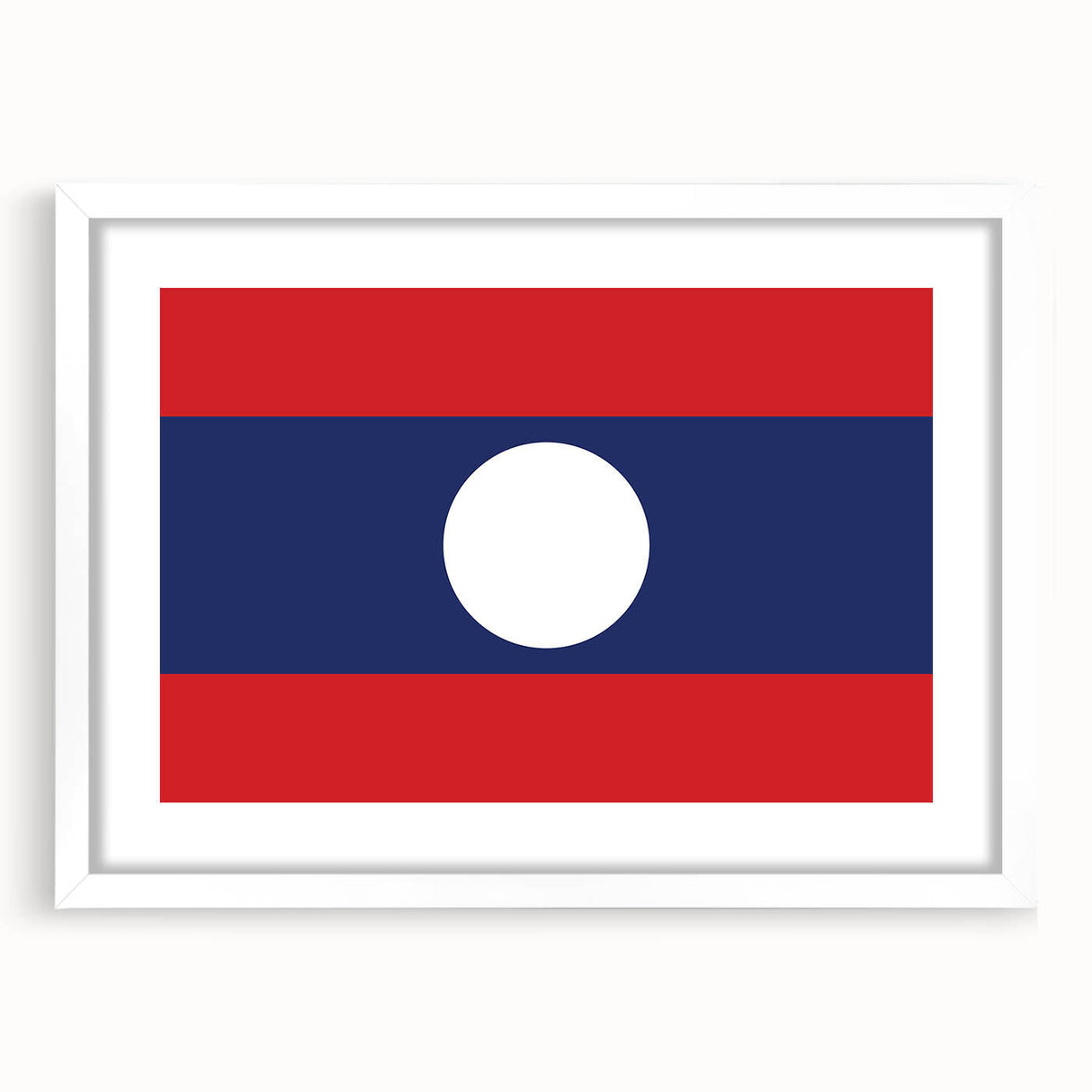 Abstract art print depicting a scenic Laos landscape in muted green and brown tones on a framed white mat.