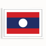 Abstract art print depicting a scenic Laos landscape in muted green and brown tones on a framed white mat.