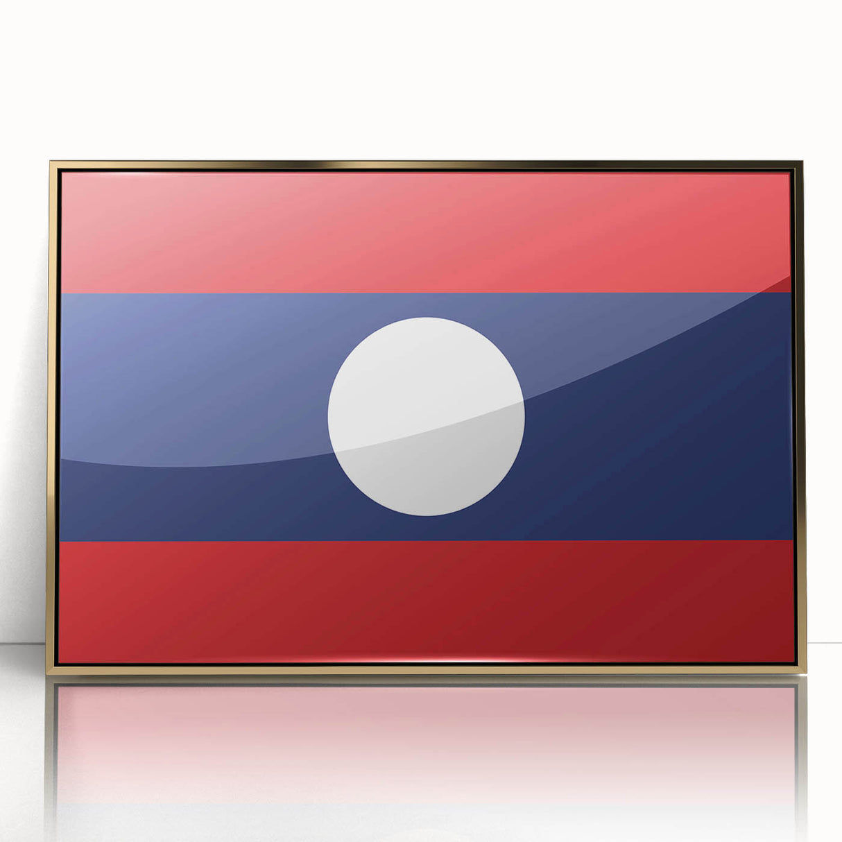 Mid-century modernist style large art print of a Laos scenery in gold tones, acrylic framed.