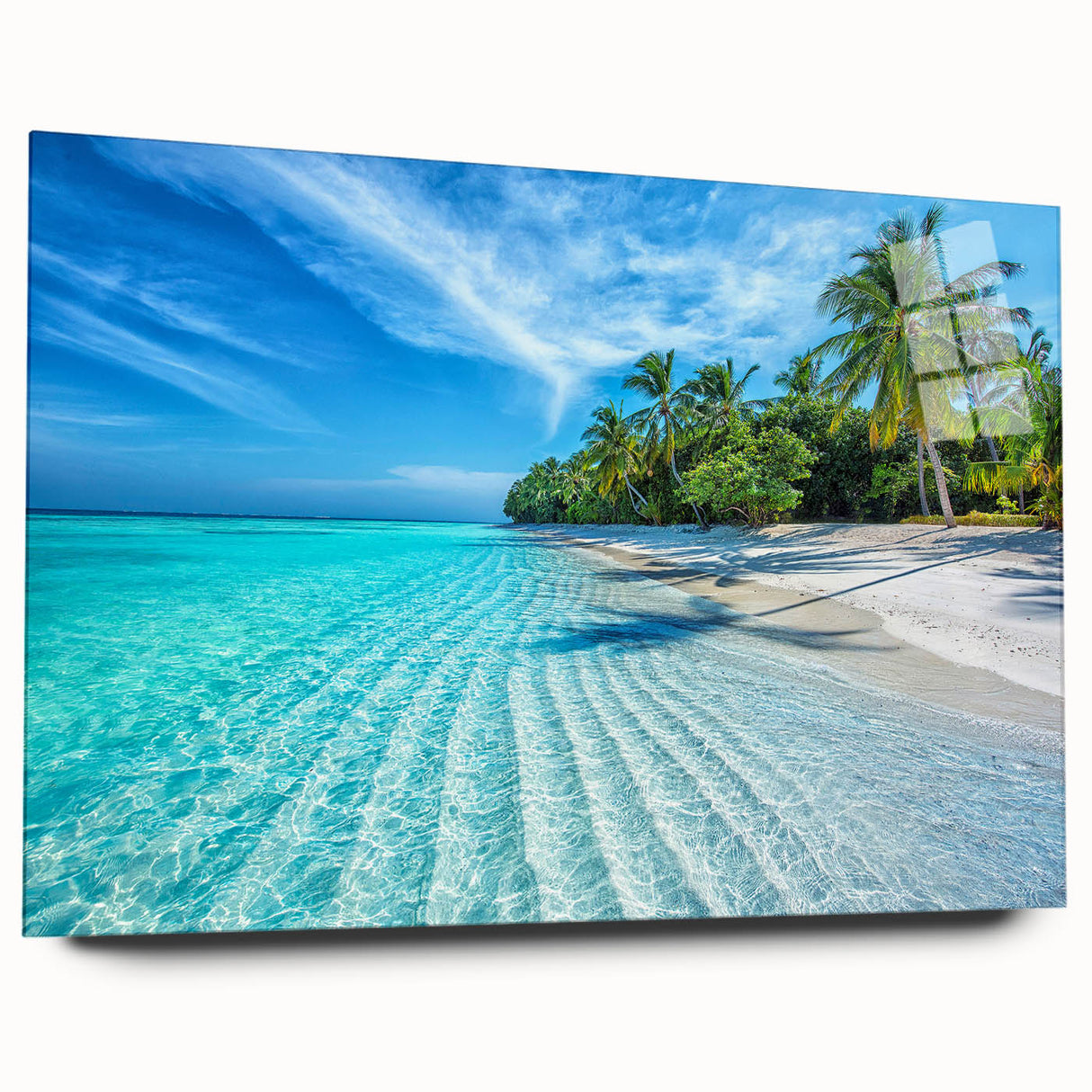 Large abstract wall art depicting the Maldives seascape in blue and turquoise on acrylic glass.