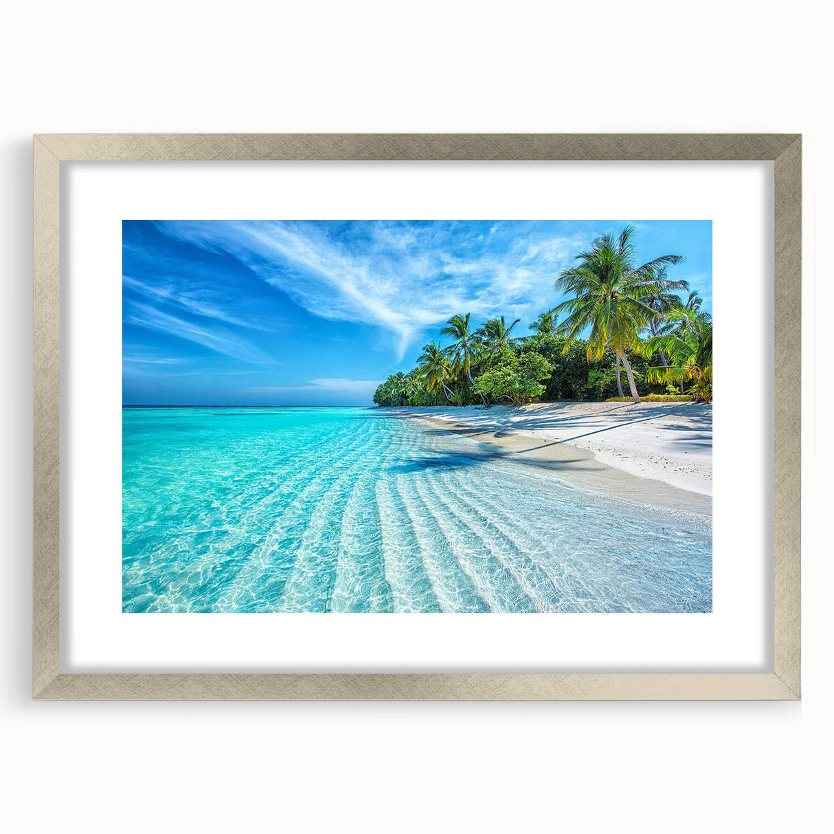 Textured art of abstract Maldives scenery in muted blue and green hues on a silver-framed mat, suitable for bedroom decor.