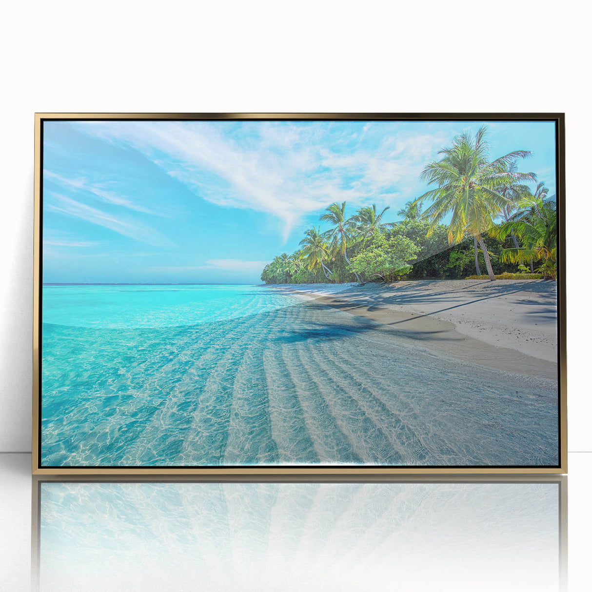 Large art print of a serene Maldivian landscape on framed acrylic, with muted blue and green tones.
