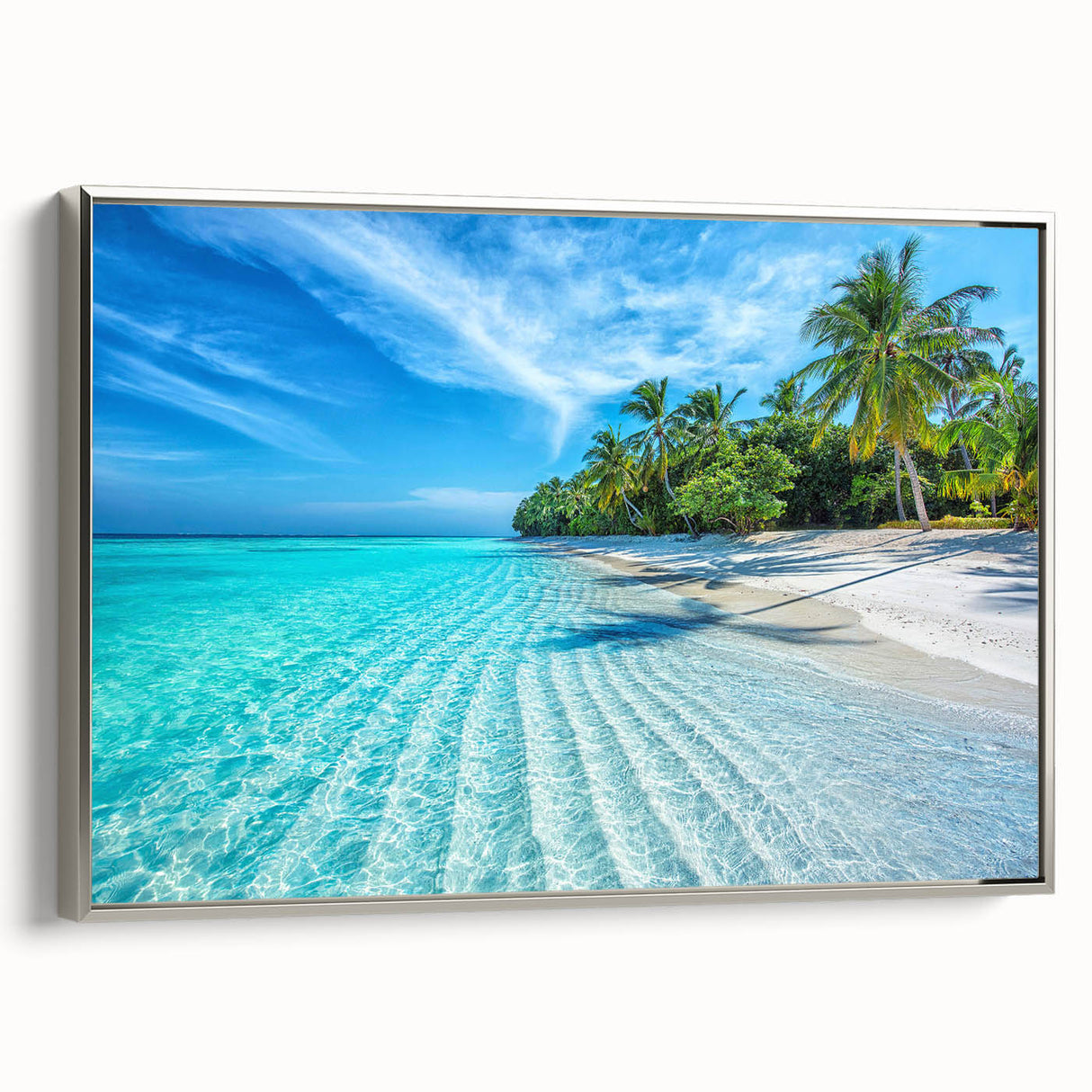 Framed canvas depicting a serene Maldivian landscape with vibrant blue waters and lush greenery.