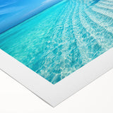 Art deco poster of a serene Maldivian beach with soft blue and sandy hues on rolled canvas.