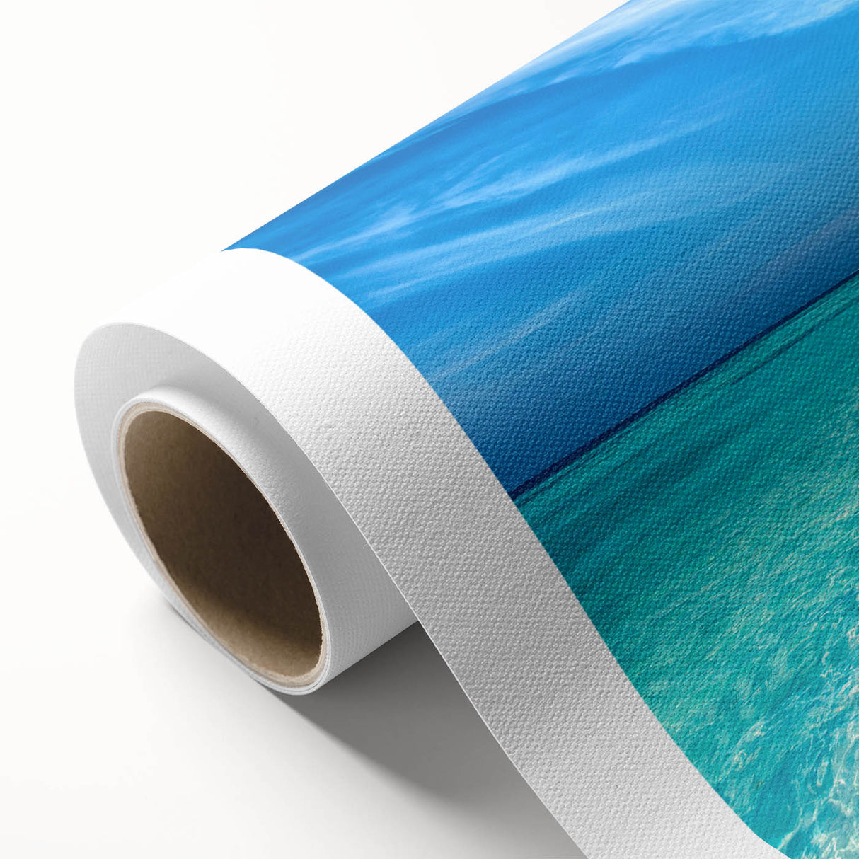 Art Deco style poster of Maldives scenery on rolled canvas, with serene blue and white tones, ideal for nursery wall art.