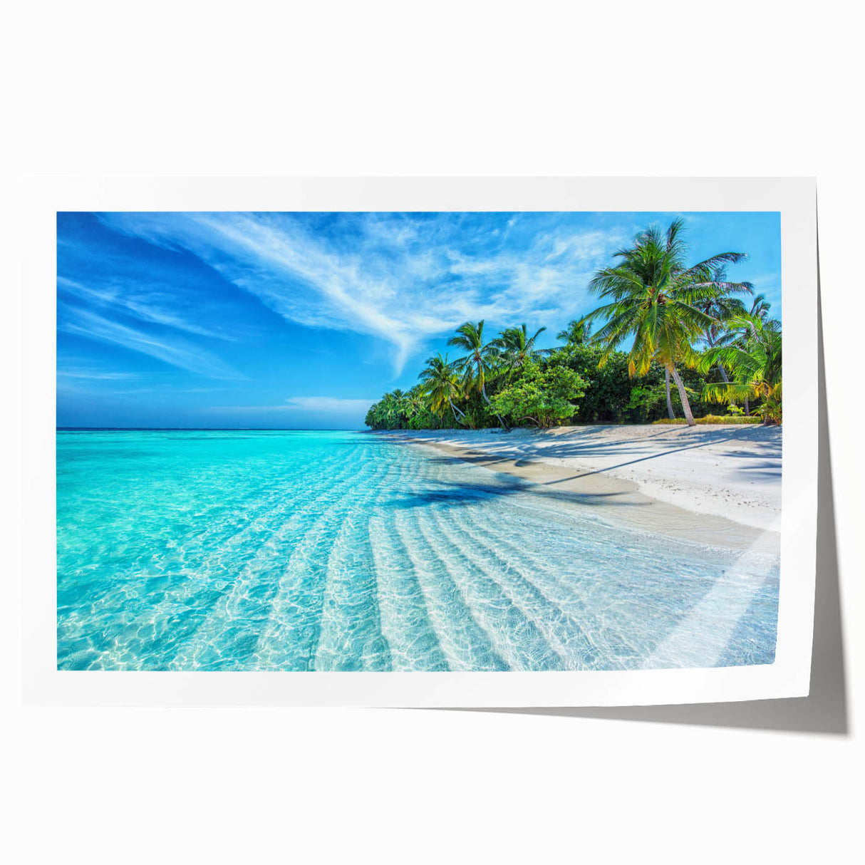 Extra large rolled print of a Maldivian beach scene with vibrant blue and turquoise waters, ideal for art wall dining room.