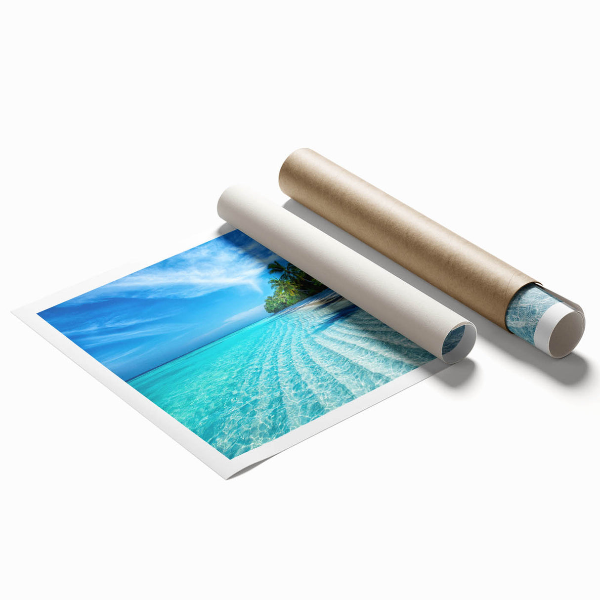 Extra large rolled print of a serene Maldivian beach with soft blue and white hues, ideal for classy bathroom wall art.
